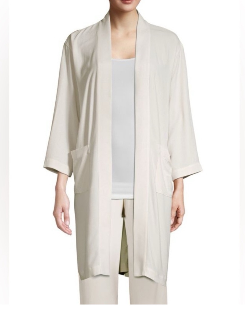 Eileen Fisher Georgette crepe silk open front kimono jacket bone Large